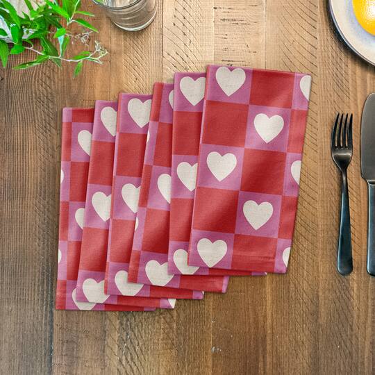 Heart Checkered Board Pattern 10" x 10" Cotton Twill Napkin